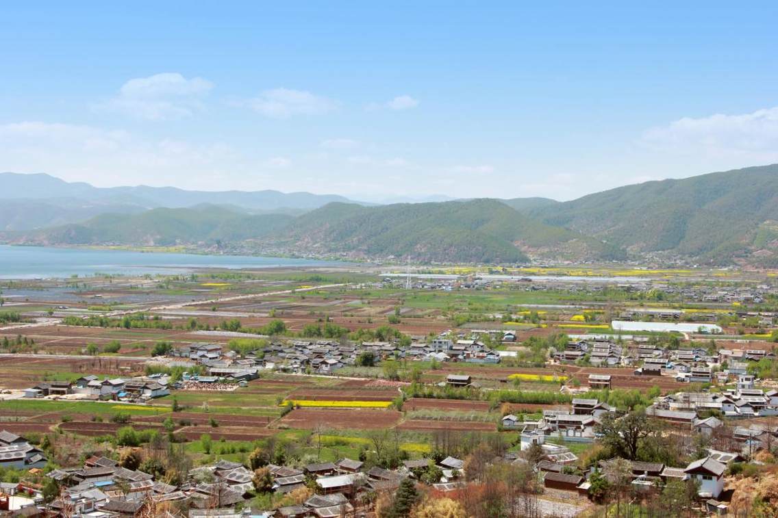 骑白马到最高的山顶去看拉市海的全景。