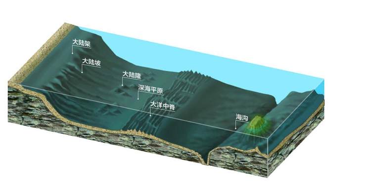 有辽阔平坦的深海平原,有大陆坡与深海平原间巨大的沉积体—大陆隆