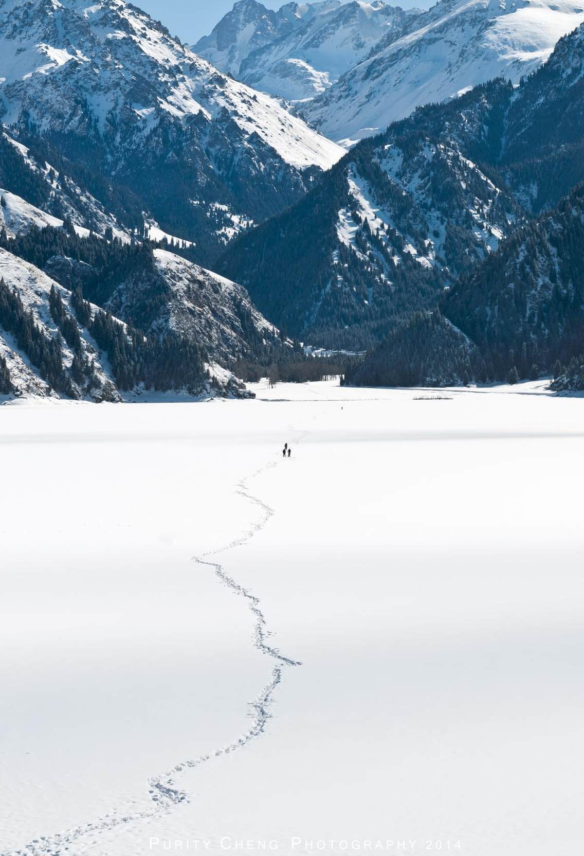 冬天的天山天池湖面上已结了厚厚的一层冰，雪地里踩出一条进山的路。阳光照晒着松林形成天然的氧吧，看似寒冷的冬季其实很温暖。人类在大自然面前是那么的渺小。