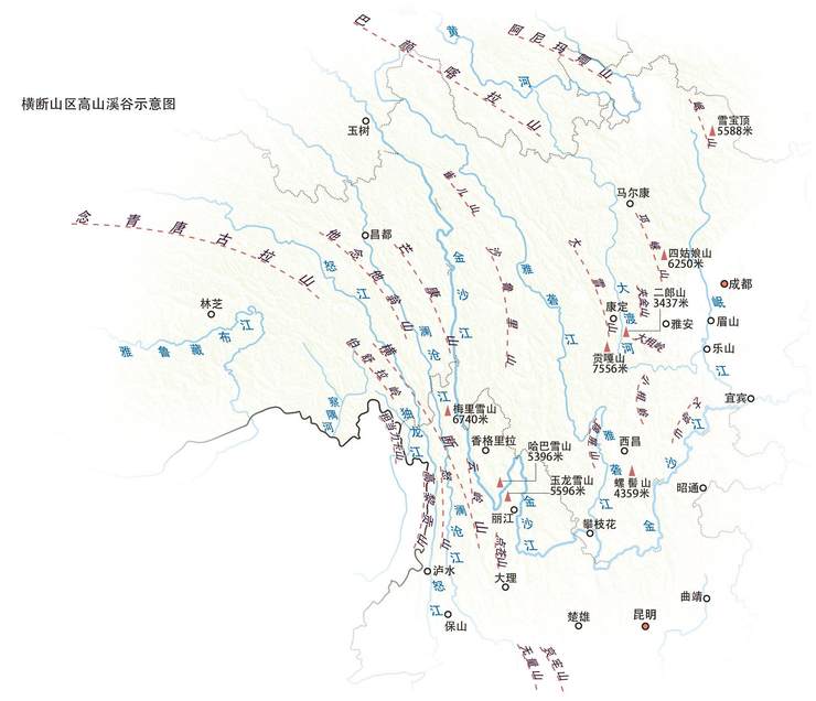 横断山的高山深谷中,共有六江并流