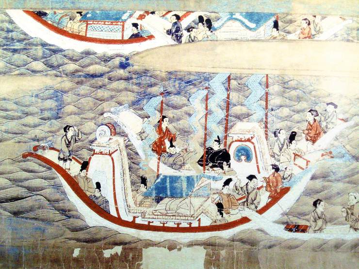 上图为日本镰仓时代绘制的《东征传画卷》(局部),现藏于奈良唐招提寺