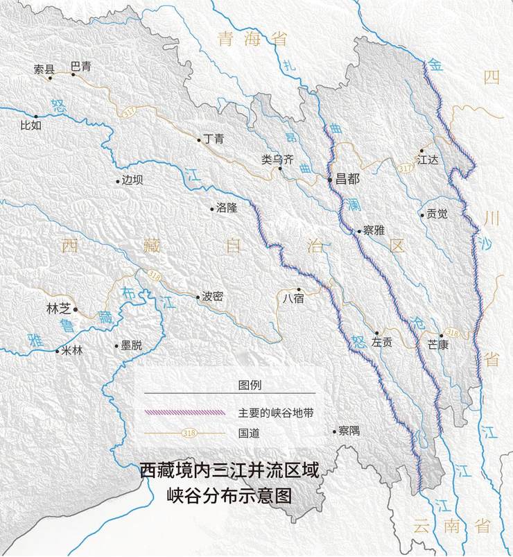 西藏境内三江并流区域峡谷分布示意图气势磅礴的峡谷贯穿了整个西藏