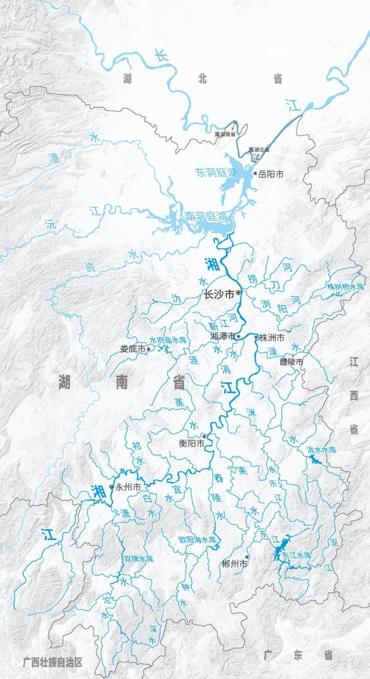 湖南省湘江流域及重要城市分布图